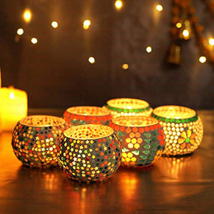 TIED RIBBONS Mosaic Glass Tealight Candle Holders for Diwali Home Decoration and Gifts (Pack of 6) - Home Decor Lo