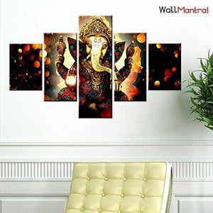 WallMantra Sri Ganesha Indian Hindu Spiritual Painting / 5 Pieces Canvas Print Wall Hanging/Stretched and Framed on Wood / 44" W x 24" H/Home Decor for Living Room, Bedroom, Office Decoration - Home Decor Lo