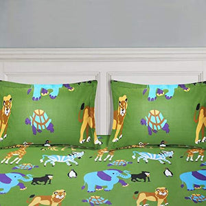 Queenzliving Animal Zoo 144 TC Cotton Double Bed Sheet with 2 Pillow Covers- Green - Home Decor Lo