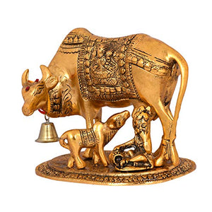 Collectible India Metal Kamdhenu Cow With Calf Showpiece, 7.5 x 7 x 5.5 Inches, Golden