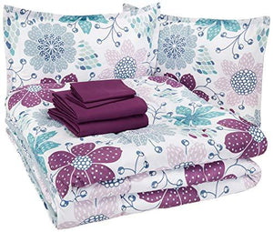 AmazonBasics Easy-Wash Microfiber Kid's Bed-in-a-Bag Bedding Set - Full or Queen, Purple Flowers - with 4 pillow covers - Home Decor Lo