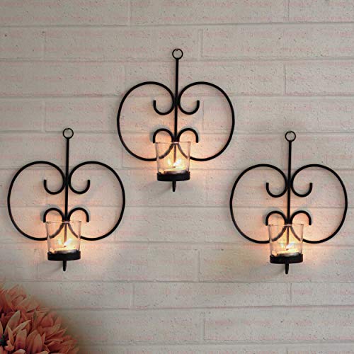 TIED RIBBONS Wall Hanging Tealight Candle Holders Diwali Decorations Items for Home - Wall Hanging Tealight Candle Holder Metal Wall Sconce with Glass Cups (Pack of 3)