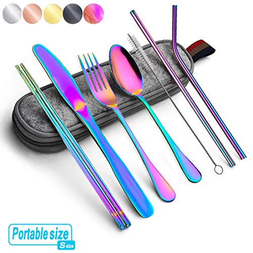 Travel Utensils, 8-Piece Reusable Utensils with Case, Travel Camping Cutlery  Set, Portable Stainless Steel Flatware Set Includes Knife, Fork, Spoon,  Chopsticks, Straws, Cleaning Brush, Rainbow