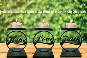 Set of 3 Diwali Festive Home Decoration Wooden Candle Holder Stand, Love, Hope, Faith, Black Tea Light Candle Holder - Home Decor Lo
