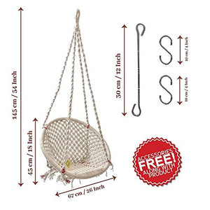 Curio Centre Make in India Cotton Round Swing & Hammock/Swing Chair for Garden/Hanging Swing/Jhula with Hanging Accessories (100 kgs Capacity, 145 cm X 57 cm X 43 cm, White) - Home Decor Lo