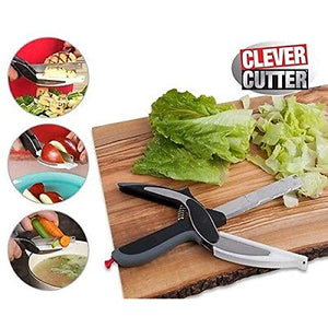 Figment 2-in-1 18/10 Steel Smart Clever Cutter Kitchen Knife Food Chopper and in Built Mini Chopping Board with Locking Hinge; with Spring Action; Stainless Steel Blade (Black) - Home Decor Lo