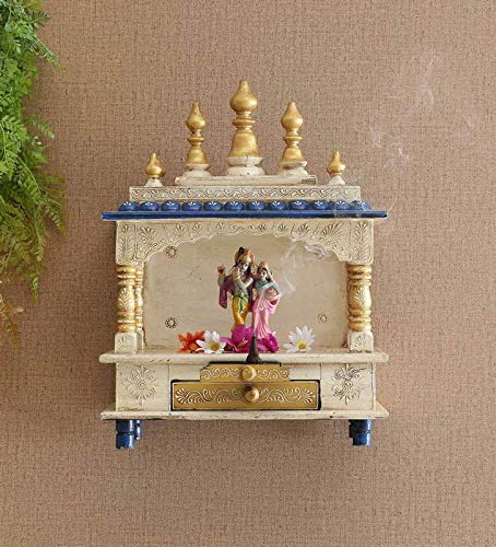 MICROTEX Designer Wooden mandir for Home, Pooja Room, Office, Shop, Temple Wall Hanging (21 inch X 15 inch) (White) - Home Decor Lo