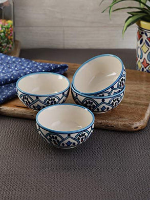 VarEesha The Royal Crown Blue Ceramic Veg Bowls/Katori Set of Four - Microwave Safe Stoneware - Home Decor Lo