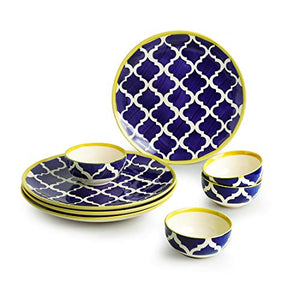 ExclusiveLane 'Moroccan Handpainted' Ceramic Plates for Dinner Ceramic Dinner Plates with Katoris (8 Pieces, Serving for 4, Dishwasher & Microwave Safe) -Dinner Sets Ceramic Bowls Set Dinnerware Sets - Home Decor Lo