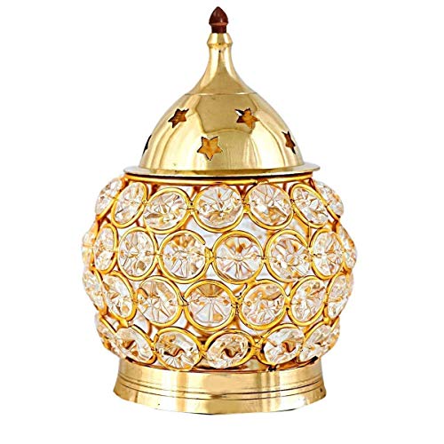 RBS CREATIONS Crystal Handmade Pure Brass Akhand Diya Tea Light Holder Decorative Lantern Oval Shape Diwali Gifts Home Decor Puja Lamp (Size - 4.25X4.25X6 Inch) (Color-Golden) - Home Decor Lo