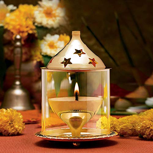 BDMP Akhand Diya Decorative Brass & Glass Oil Lamp,Tea Light Holder Lantern for Durga Pooja & Diwali-Cylinderical Shaped (4 inch) - Home Decor Lo