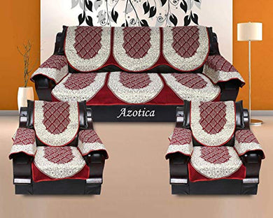 Azotica® Cotton 12 PCs (Design Check) Sofa Cover with Handle Cover Set of 5 Seater(3+1+1+6)-Maroon - Home Decor Lo