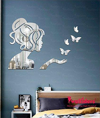 Wall1ders - Angel and Butterflies Silver 3D Acrylic Decorative Mirror Wall Stickers for Living Rooms Home -Pack of 5 - Home Decor Lo