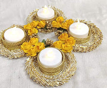 Load image into Gallery viewer, Mitra Set of 4 Yellow Color Flower GOTA Patti Design Metallic Diya Tea Light Candle Holder for Diwali Decoration/Pooja Including 4 Candles - Home Decor Lo