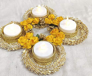 Mitra Set of 4 Yellow Color Flower GOTA Patti Design Metallic Diya Tea Light Candle Holder for Diwali Decoration/Pooja Including 4 Candles - Home Decor Lo