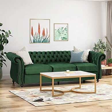 Solid Wood Velvet Button Tufted 3 Seater Chesterfield Sofa Set for Living Room, Green - Home Decor Lo