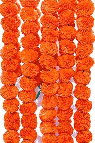Phool Mala Artificial Flowers Marigold Garlands for Decoration - Pack of 5 (Orange) - Home Decor Lo