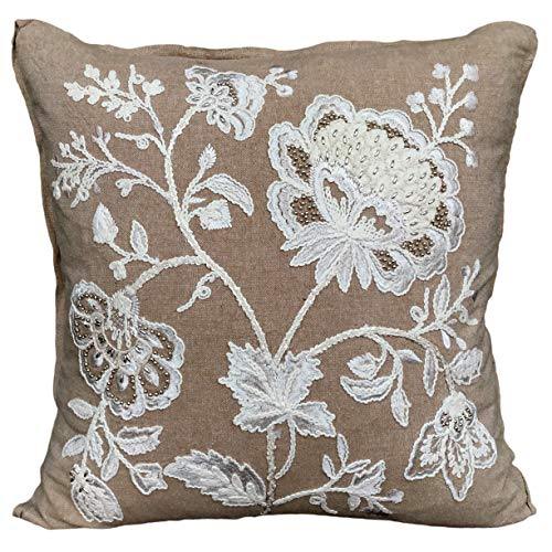 AJS Living Cotton English Flora Cushion with Cover for Home Office School Chair seat, Takiya TC - 200 (45x45 cm/18x18 Inch, Beige and Light Pink) - Home Decor Lo