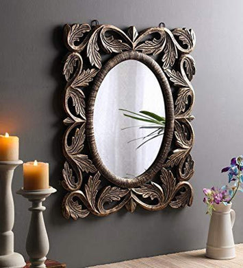 The Urban Store Wood Hand Crafted Oval Shape Vanity Wall Mirror Glass for Living Room, 24X20 Inches (Beige) - Home Decor Lo