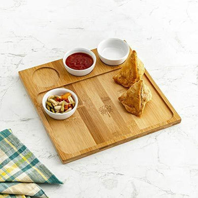 Home Centre Rhodes Edulis Bamboo Chip and Dip Tray with Bowls- Set of 4 - Home Decor Lo