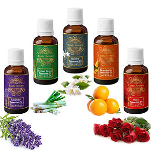 Exotic Aromas Pure and Organic Essential Oil - Pack of 5 (Lavender, Lemongrass, Jasmine, Mandarin, Rose) - Home Decor Lo