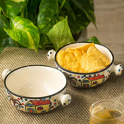 ExclusiveLane Handled Ceramic Bowls Set Snacks Bowl Set (2-Pieces, Multicolour) - Serving Bowls - Home Decor Lo
