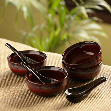 ExclusiveLane Hand Glazed Studio Pottery Serving Bowl & Ceramic Soup Bowls with Spoons, Dishwasher & Microwave Safe, 430 ML, Set of 4, Black, Crimson & Ombre Blue - Home Decor Lo