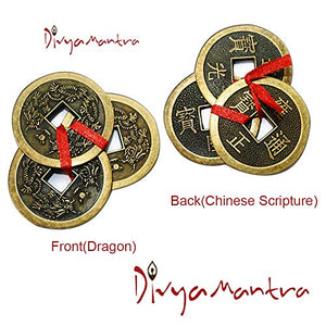 Divya Mantra Feng Shui Chinese Lucky Fortune I-Ching Dragon Coin Ornaments Wealth Charm Amulet Three Bronze Metal Coins with Hole and Red Ribbon Knot for Good Money Luck, Decoration Charms – Copper - Home Decor Lo