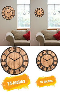 Oldtown Clocks Farmhouse Rustic Barn Vintage Bronze Metal and Solid Wood Noiseless Big Oversized Wall Clock (Wooden Colour, XL/24-inch) - Home Decor Lo