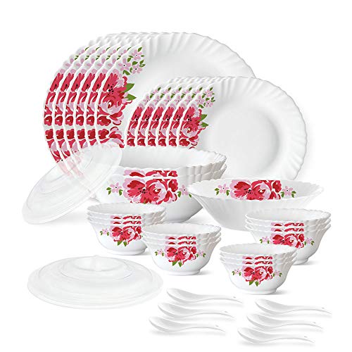 Larah by Borosil Rose Red Silk Series Opalware Dinner Set, 35