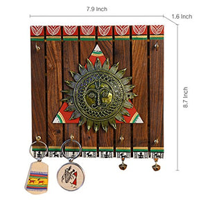 ExclusiveLane 'The Sun Centre' Warli Handpainted Home Decorative Keychain Holder Key Hangers Key Stand for Home & Wall Decorative Wooden Hanging Key Holder for Wall (Brown) (EL-012-056) - Home Decor Lo