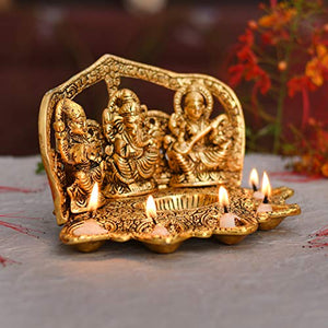 Collectible India Metal Laxmi Ganesh Saraswati Idol with Diya (Golden, 9 X 6 X 5 Inch) - Home Decor Lo