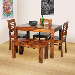 Wooden Solid Sheesham Wood Dining Table 4 Seater with 3 Chairs & 1 Bench - Home Decor Lo