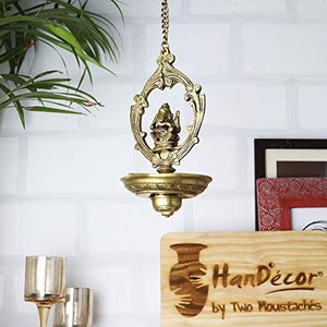 Two Moustaches Brass Handmade Ganesha Design Oil Wick Hanging Diya (Brown_5 Inch X 5 Inch X 10 Inch) - Home Decor Lo