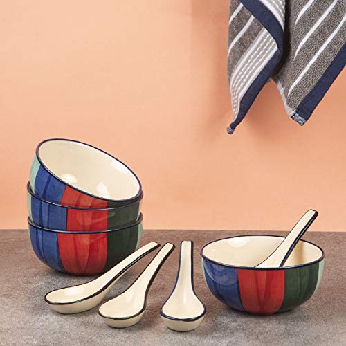 HS Hindustani Saudagar Microwave Hand Painted Ceramic Soup Bowl with Spoon Set of 4 - Home Decor Lo