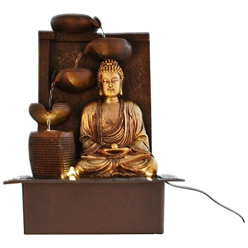 Chronikle Buddha Polystone 5 Steps Indoor Table Top Water Fountain with LED Lights and Water Pump (Brown,Golden, 41cm X 31cm X 23cm) - Home Decor Lo