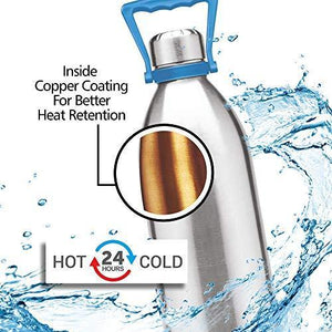 Milton Duo 2000 Thermosteel 24 Hours Hot and Cold Water Bottle with Handle, 1.86 Litres, Silver - Home Decor Lo