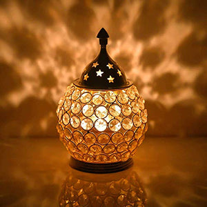 RBS CREATIONS Crystal Handmade Pure Brass Akhand Diya Tea Light Holder Decorative Lantern Oval Shape Diwali Gifts Home Decor Puja Lamp (Size - 4.25X4.25X6 Inch) (Color-Golden) - Home Decor Lo
