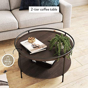 INDIAN DECOR 45389 Round Coffee Tea or Cocktail with Raised Tray Top Edge Tables, 2-Tier Minimalist Style Living Room, Dark Oak/Matte Black - Home Decor Lo