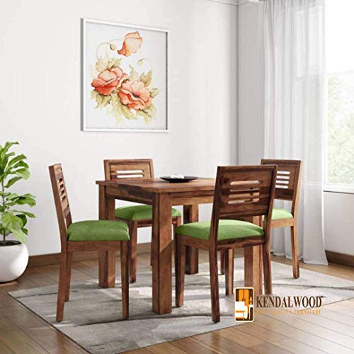 Hariom Handicraft KendalWood Furniture Sheesham Wood Natural Teak Finish 4 Seater Dining Table Set with Chairs and Green Cushion - Home Decor Lo