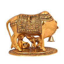 Load image into Gallery viewer, Collectible India Metal Kamdhenu Cow With Calf Showpiece, 7.5 x 7 x 5.5 Inches, Golden