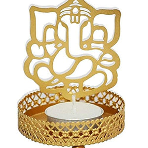 Ininsight Solutions Golden Metal Decorative Shadow Divine Lord Ganesha Ganpatiji and Laxmi Ji Tealight Candle Holder - Home Decor Lo