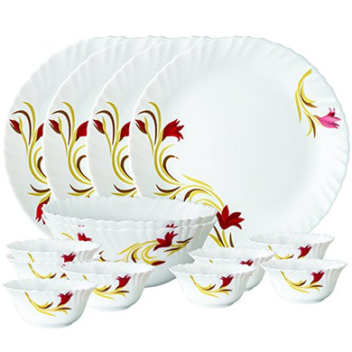 Larah By Borosil Red Lily Opalware Dinner Set, 14-Pieces, White - Home Decor Lo