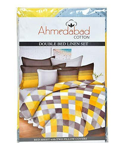 Ahmedabad Cotton 144 TC 100% Cotton Double Bedsheet with 2 Pillow Covers - Yellow, Grey - Home Decor Lo