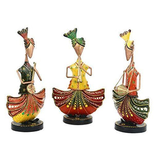Handicrafts Paradise Tribal Rajasthani Musicians in Iron Handmade Decorative Gift Item Showpiece for Home Décor, Multicolour (12.75 inch) - Set of 3 p. - Home Decor Lo