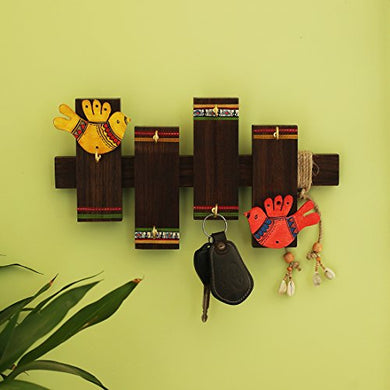 ExclusiveLane 'Birds On Planks' Warli Handpainted Wall Keyholder & Home Decorative Key Holders (6 Hooks) - Keychain Holder Key Hangers Key Stand & Wall Hanging Wooden Key Holder for Wall - Home Decor Lo