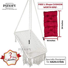 Load image into Gallery viewer, Patiofy Made in India Premium Square Shape Hammock-Hanging Cotton Chair Swing with Cushion and Accessories for Indoor and Outdoor/120 Kg Capacity/Swing Cushion/Chair Cushion for Kids and Adults(White) - Home Decor Lo