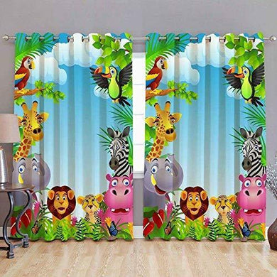 Harshika Home Furnishing Polyester 3D Digital Printed Cartoon Jungle Animal Eyelet Solid Window Curtain for Kids Room (Multicolour) -2 Pieces - Home Decor Lo