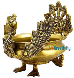 La Creativity Peacock Winged Design Brass Urli | Home Decor |(Standard Size) - Home Decor Lo