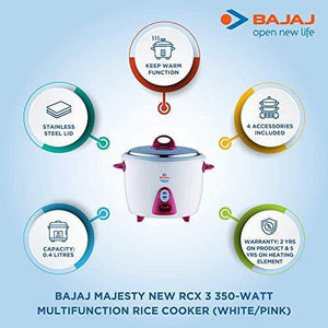 Bajaj Majesty New RCX 3, 1.5 litres, 350-Watt Multifunction Rice Cooker (White/Pink) - Home Decor Lo